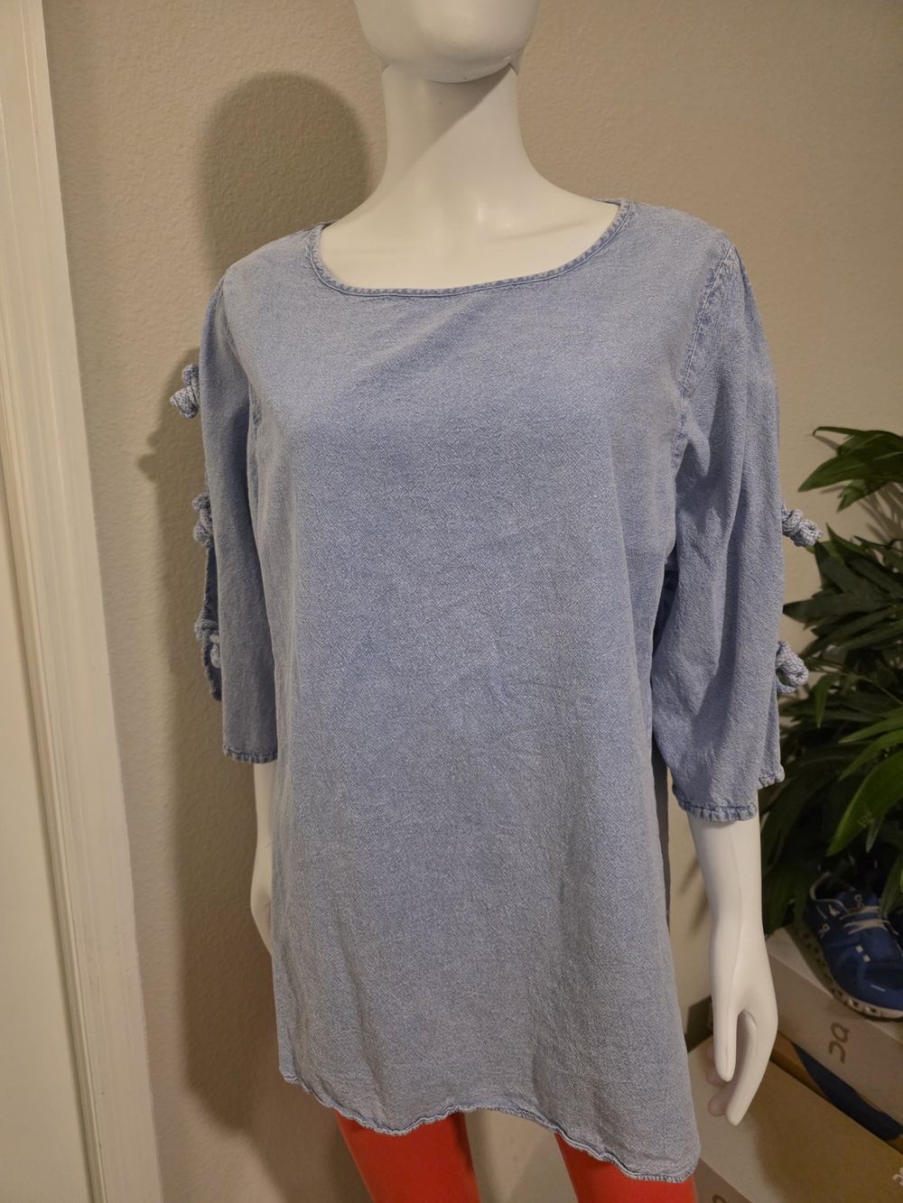 Light Blue Women's Open Sleeve W/rope-knot Buttons Pullover Top Size Small